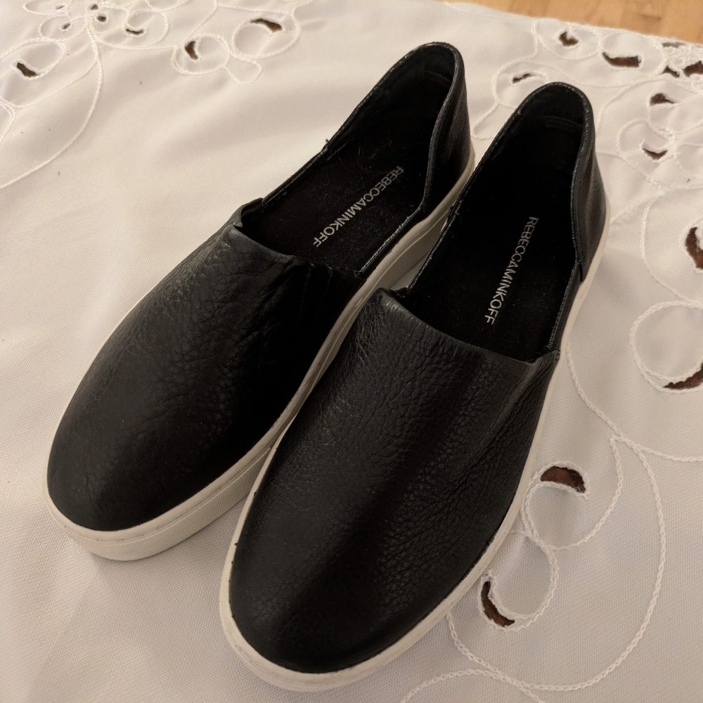 Rebecca Minkoff - Black Leather Slip-On Sneakers with White Soles - Size 7